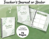Teacher Journal Printable | Teacher Binder | Green Planner | Affirmations & Reflection | Journal Prompts | Teaching Goals | Classroom Values