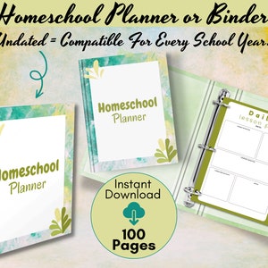 Homeschool Planner Printable | Homeschool Binder | Undated | Green | Lesson Planner | Progress Tracker | Field Trip Planner | Attendance Log