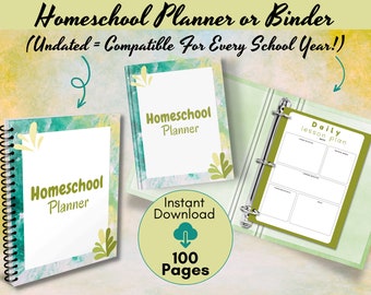 Homeschool Planner Printable | Homeschool Binder | Undated | Green | Lesson Planner | Progress Tracker | Field Trip Planner | Attendance Log