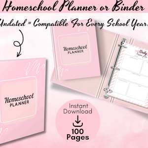 Homeschool Planner Printable | Homeschool Binder | Undated | Pink | Lesson Planner | Progress Tracker | Field Trip Planner | Attendance Log