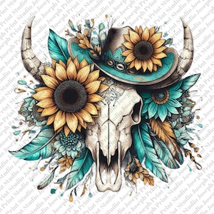 May include: A white cow skull with turquoise and gold feathers and sunflowers. The skull is wearing a turquoise cowboy hat with a brown band.