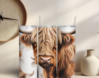Highland Cow Christmas Tumbler Wrap 20oz Skinny Tumbler Sublimation Design Christmas Highland Cow Tumbler, Pink Christmas Highland Cow