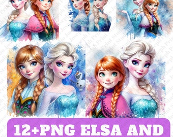 Elsa and Anna Frozen Splash and Watercolor Digital design PNG file for sublimation Frozen png Elsa PNG Bundle Elsa Clipart Princess PNG