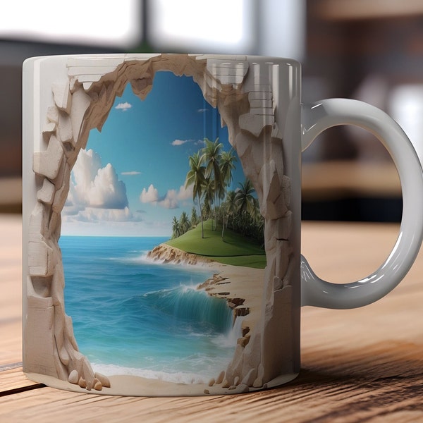 11oz Mug 3D Hole In A Wall Beach Landscape Mug Wrap Design,  3D Summer Beach Mug, 3D Beach Seashells In Mug Design, 3D Mug, Mug wrap