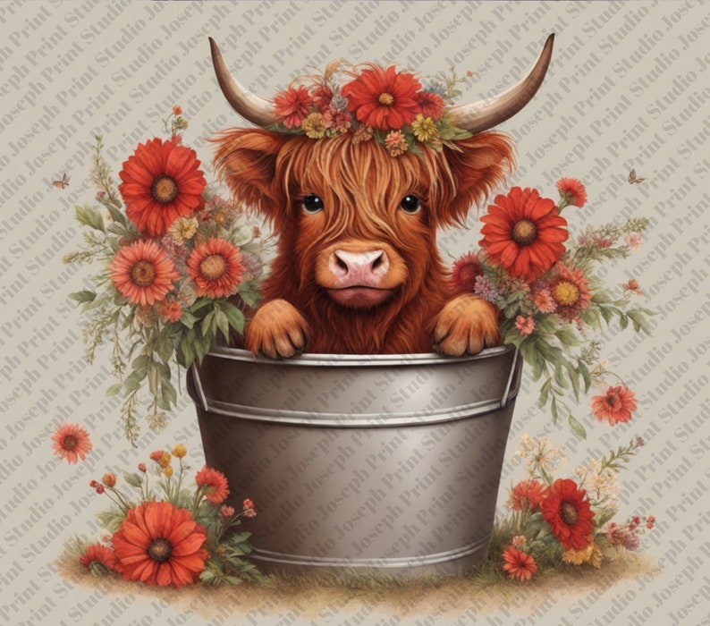 Red Flowers and Sunflowers Baby Highland Cow in a Bucket 20 Oz - Etsy