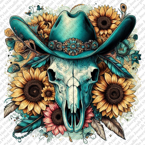 Western Bull Skull Png, Sunflower Boho Bull Skull PNG Sublimation Design, Bull Skull Png, Cow Print Aztec Western Bull Skull Png