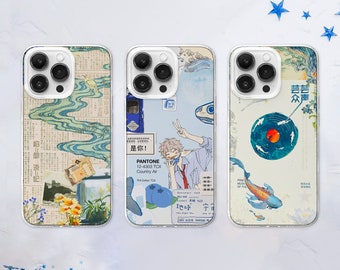 Coque pour portable MagSafe à collage esthétique japonais | Coque pour téléphone dessin animé poisson Koi | Couverture vintage pour moodboard | iPhone 15 14 13 | Samsung S24