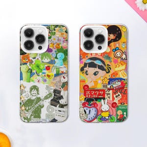 Estuche para teléfono con diseño de collage de dibujos de anime kawaii, con soporte para tarjeta Magsafe, letrero callejero japonés, tablero de inspiración de manga grunge, iPhone 16 Pro 15 14 13, Samsung S25 S24