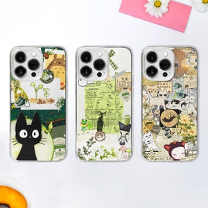 Funda MagSafe con collage de dibujos animados de anime japonés / Funda estética Mi Vecino Lo-Fi / Espíritu del Bosque / iPhone 16, 15, Pro, 14 y 13 / Samsung S25