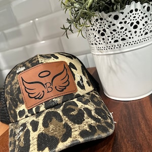 Custom women’s Leather Patch Hat, Leather Patch women Hat, ponytail hat, name hat, black leopard hat, cheetah hat, camo hat,leather patch