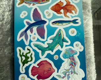 Fish Sea Ocean Creature Jellyfish Shark Rainbow Trout Goldfish Flying Fish Sticker Sheet