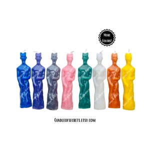 May include: Ten standing human-shaped candles in various colors, including blue, purple, pink, green, white, orange, and yellow. The candles are all the same size and shape, and they are arranged in a row. The text "CANDLEOFSECRETS.ETSY.COM" is printed below the candles. A small circular sticker with the text "MORE COLORS!" is in the upper right corner of the image.