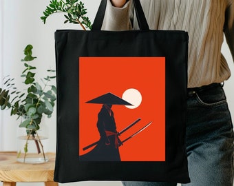 Samurai Sunset Tote Bag, Japanese Ninja Tote Bag, 100% Cotton, Sustainable Style for Every Occasion | 15"x16" Size with 20" Matching Handles