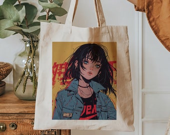 Japanese Waifu Tote Bag, Anime Girl Tote Bag, 100% Cotton, Sustainable Style for Every Occasion | 15"x16" Size with 20" Matching Handles