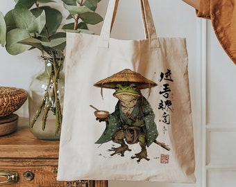 Bolso de mano de rana japonesa, Tote Frog Samurai Kanji, 100% algodón, estilo sostenible para cada ocasión / Tamaño de 15"x16" con asas a juego de 20"