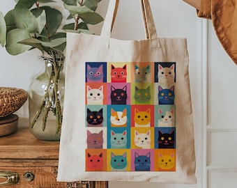 Colorful Cat Themed Tote Bag, 100% Cotton, Sustainable Style for Every Occasion | 15"x16" Size with 20" Matching Handles
