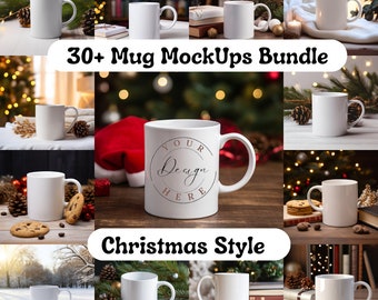 May include: A bundle of 30+ white ceramic mugs in various Christmas-themed scenes. The mugs are blank and ready for customization. The text "30+ Mug MockUps Bundle" and "Christmas Style" are displayed on the image.