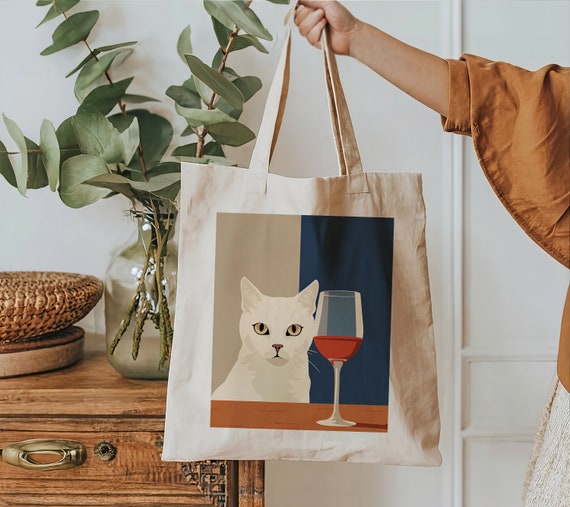 Cute Cat Wine Themed Tote Bag 100 Cotton Sustainable Style for Every Occasion 15x16 Size With 20 Matching Handles Etsy