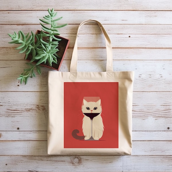 Wine & Cat Themed Tote Bag, 100% Cotton, Sustainable Style for Every Occasion | 15"x16" Size with 20" Matching Handles