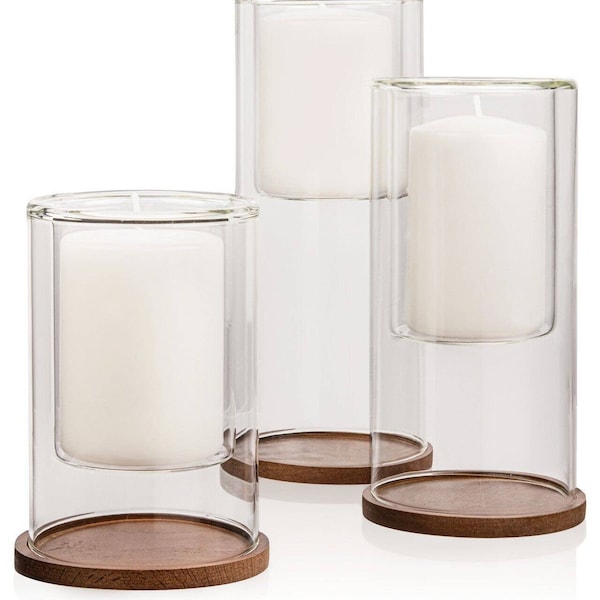 Set of 3 Glass Hurricane Candle Holders with Beech Wood Coasters, Crystal Clear