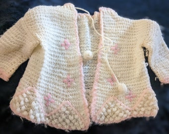 VINTAGE 1940's handmade crocheted toddler 1yr baby sweater  pink and white