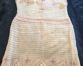 VINTAGE 1940's handmade crocheted toddler 1yr baby sweater dress pink and white