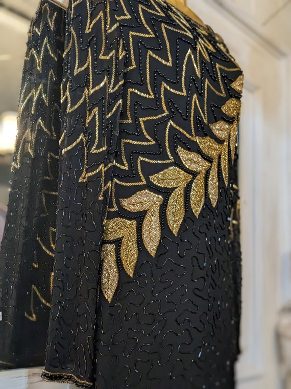 Gorgeous Vintage Full Length Black and Gold Beade… - image 6