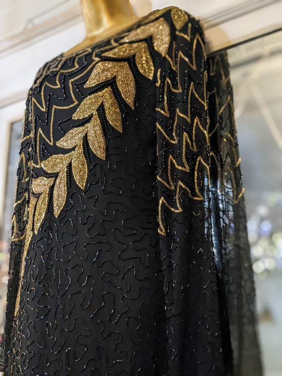 Gorgeous Vintage Full Length Black and Gold Beade… - image 8