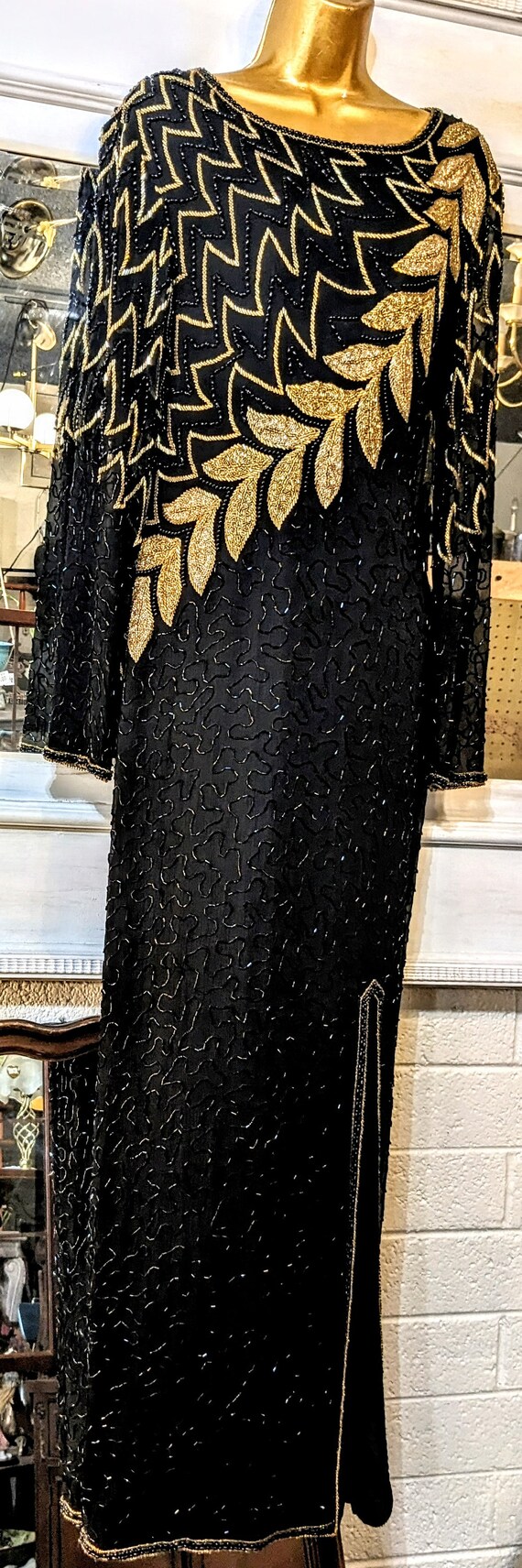 Gorgeous Vintage Full Length Black and Gold Beade… - image 2