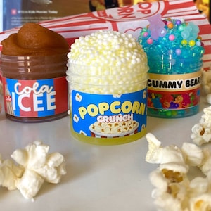 Filmavondslijmset, popcornslijm, frisdrankslijm, snoepslijm, doe-het-zelfslijm, verjaardagscadeau, gunst verjaardagsfeestje, feestbedankjes