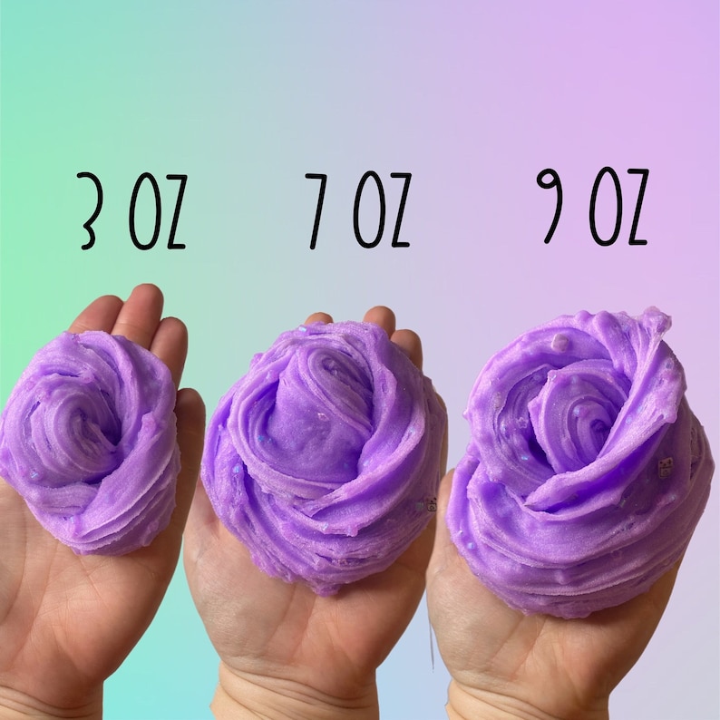 May include: Three samples of purple slime, labeled 3 oz, 7 oz, and 9 oz, are displayed. The slime is swirled into a rose-like shape and held in open hands against a gradient background of green, blue, and pink.
