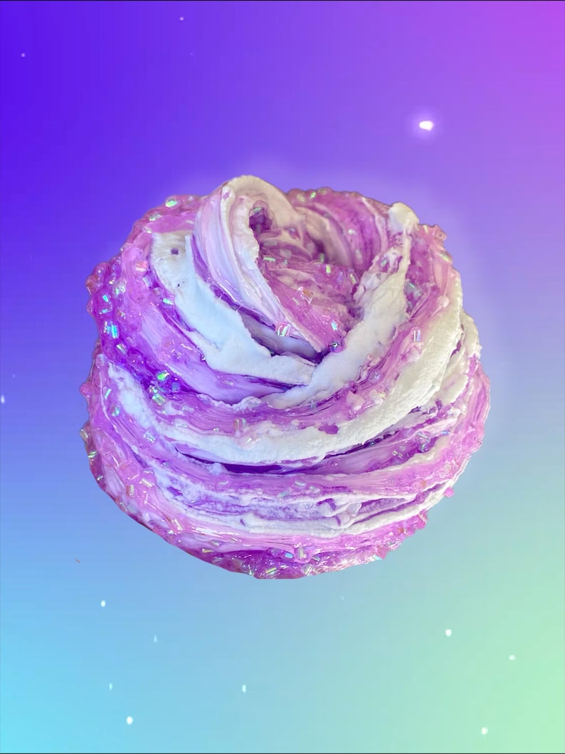 May include: A close-up of a swirl of purple and white slime with iridescent glitter. The slime is a vibrant mix of colors, with layers of purple and white creating a textured, abstract design. The background is a gradient of purple and blue.