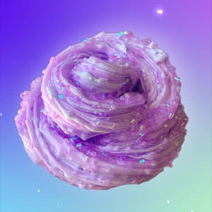 May include: A swirl of lavender-colored slime with iridescent glitter accents. The slime has a textured, layered appearance, with lighter shades of purple and white interspersed throughout. The background is a gradient of purple, blue, and green.