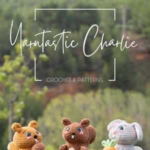 Puede incluir: Tres animales de peluche tejidos a crochet: una ardilla marr&oacute;n sosteniendo un hongo, una ardilla marr&oacute;n sosteniendo una bellota y un conejito gris sosteniendo una zanahoria. Los animales est&aacute;n sentados en un lecho de musgo verde. El texto "YarnTastic Charlie CROCHET & PATTERNS" se muestra en un marco blanco.