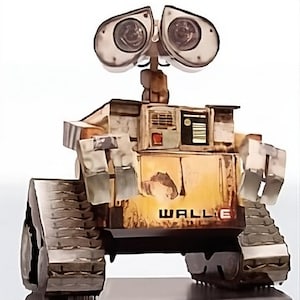 May include: A brown and gray robot with a large, rectangular body and a smaller, round head. The robot has a large, black eye on each side of its head. The robot is standing on a black surface. The robot's body is covered in dirt and grime. The robot's name, "WALL-E", is printed on the side of its body.