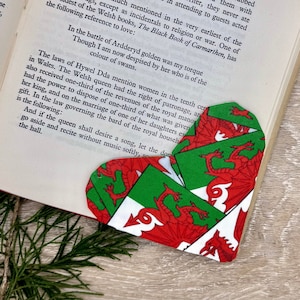 Handmade Welsh Fabric Heart Bookmark, Book Accessories, Wales Heart Dragon, Cymru, St. David&#39;s Day, Welsh Christmas