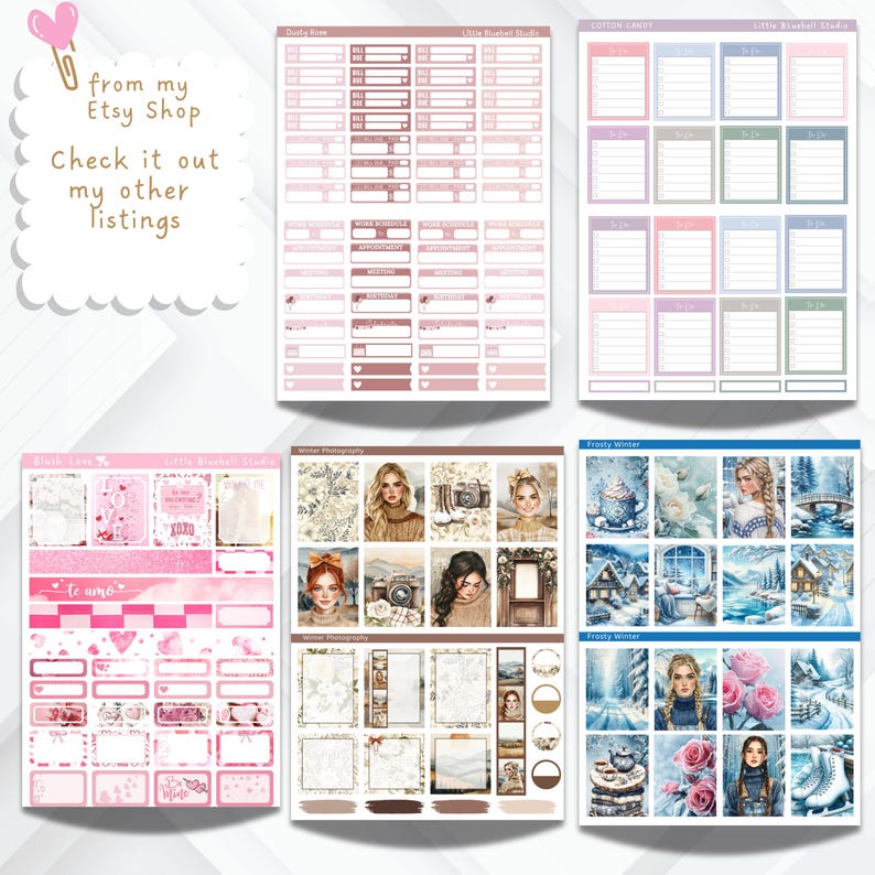 May include: A set of printable planner stickers featuring various themes, including winter photography, winter wonderland, and Valentine's Day. The stickers are designed in a variety of colors and styles, with illustrations of people, animals, and objects. The stickers are perfect for adding a personal touch to your planner or journal.