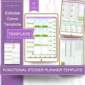 May include: A digital planner template with a purple and white design. The template includes sections for goals, a calendar, and various sticker designs. Text on the image includes "Editable Canva Template" and "Functional Sticker Planner Template."