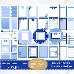 Adesivos de planejador imprimíveis Blue FLORAL BOXES. Caixas de diário estéticas pautadas em branco. Caixas funcionais decorativas. Caixas azuis de diário bonitas