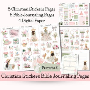 Op de afbeelding: Digitale stickerpagina's en Bijbel-journalingpagina's met een christelijk thema. De pagina's bevatten illustraties van vrouwen, bloemen, vlinders en andere decoratieve elementen in zachte pastelkleuren. De tekst bevat "Spreuken 31" en andere Bijbelverzen.