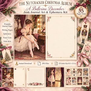 May include: The Nutcracker Christmas Album A Ballerina December Junk Journal Art & Ephemera Kit includes 55 pages total in 8.5 x 11 inch US Letter size. The kit features printable journal pages, writing pages, ephemera, fussy cuts, and folio kits.