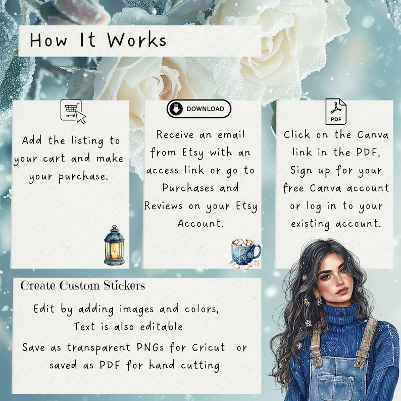 May include: How to create custom stickers. Add the listing to your cart, receive an email with a link to download the PDF, and then use Canva to edit the stickers. You can save the stickers as transparent PNGs for Cricut or as a PDF for hand cutting.