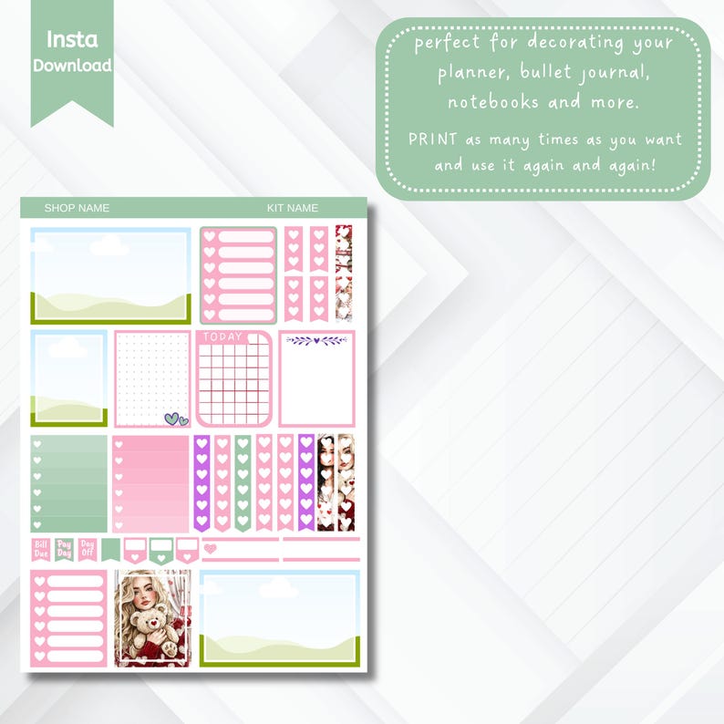four sticker planner template, each page is editable (you can resize, change color, text etc.) Simply drag and drop your images for quick and seamless sticker creation. Add your branding to create a unique identity for your sticker sheets.
