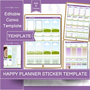 Op de afbeelding: Een digitale sjabloon voor een Happy Planner sticker set. Het ontwerp heeft een paars en wit kleurenschema met verschillende secties voor planning en notities. De tekst bevat "Edit in Canva" en "Template".