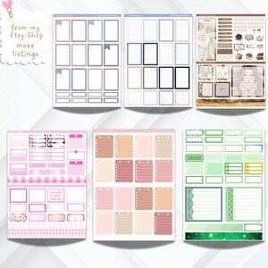 May include: A set of printable planner stickers featuring various designs, including frames, boxes, and lines. The stickers are in pink, blue, green, brown, and white.