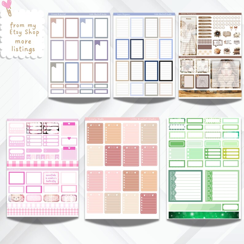 May include: A set of printable planner stickers featuring various designs, including frames, boxes, and lines. The stickers are in pink, blue, green, brown, and white.