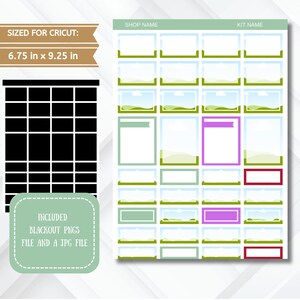 May include: A printable planner sticker sheet with a green, blue, and white landscape design. The sheet is sized for Cricut at 6.75 inches by 9.25 inches. The sheet includes blackout PNGs and a JPG file.