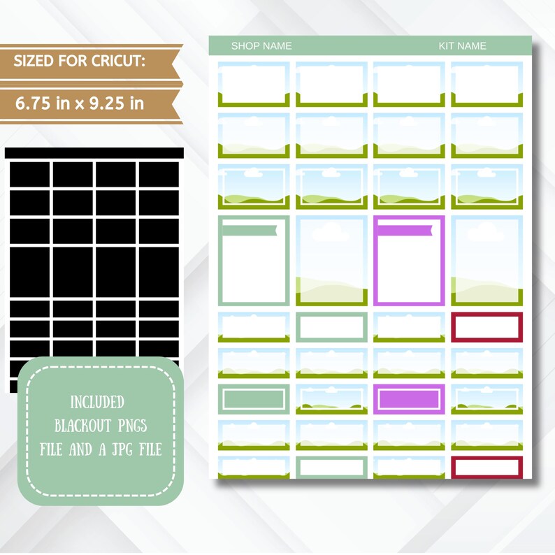 May include: A printable planner sticker sheet with a green, blue, and white landscape design. The sheet is sized for Cricut at 6.75 inches by 9.25 inches. The sheet includes blackout PNGs and a JPG file.
