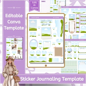 Puede incluir: Una plantilla digital de diario de pegatinas con un fondo morado claro. La plantilla incluye varios elementos como imágenes de paisajes, nubes y cuadros de texto. El texto incluye "Editable Canva Template" y "Sticker Journaling Template".