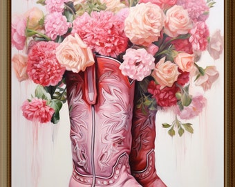 Pink Cowgirl boots and flowers print, vintage style hot pink Western nursery printable, dorm room wall art,  digital download